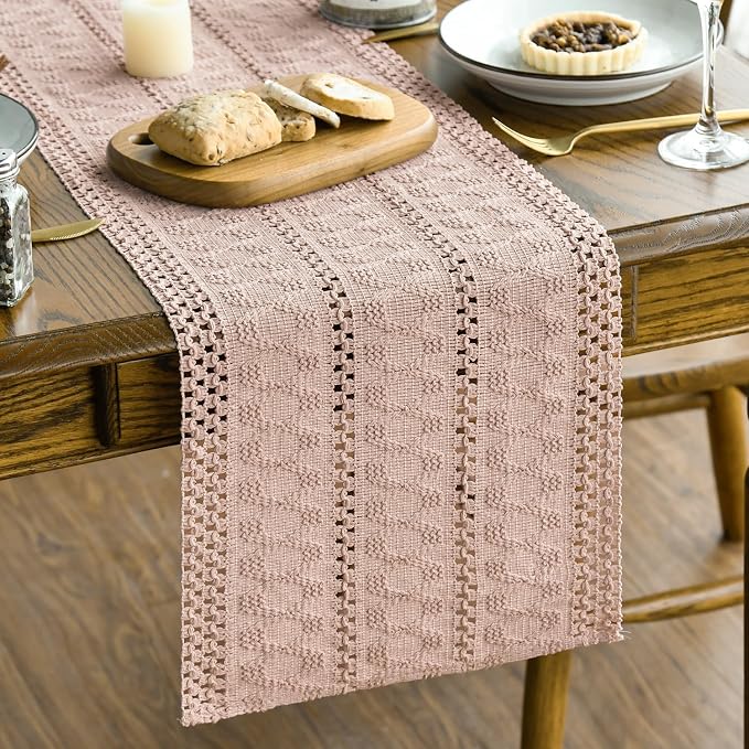 Artoid Mode Pink Woven Farmhouse Hollow Table Runner 12x60 Inch | Holiday - Image 2