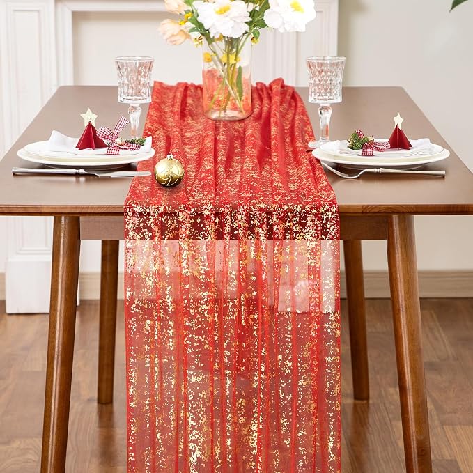 SiinvdaBZX Red Gold Sheer Tulle Table Runner 120 Inch/10 Ft Long | Gauze Sequin - Image 3