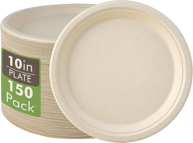 Vplus 150 Pack Compostable Disposable Paper Plates 10 inch Super Strong 100% by Vplus