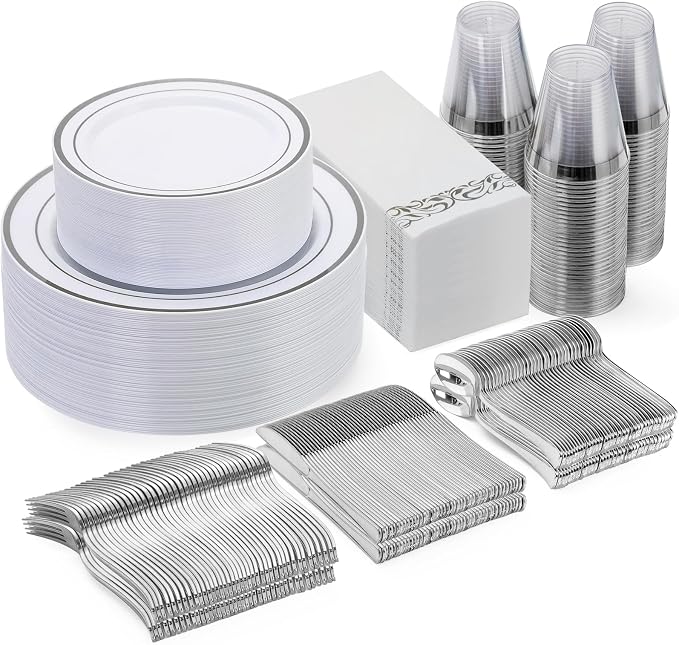 350 Pcs Silver Dinnerware Sets for 50 Guests, Disposable Plate Set | Plastic by GoodLuck