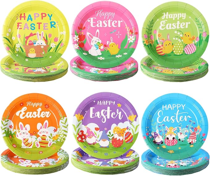120 Pieces Happy Easter Paper Plates Bulk 7 Inch Bunny Eggs Disposable Easter by Umigy