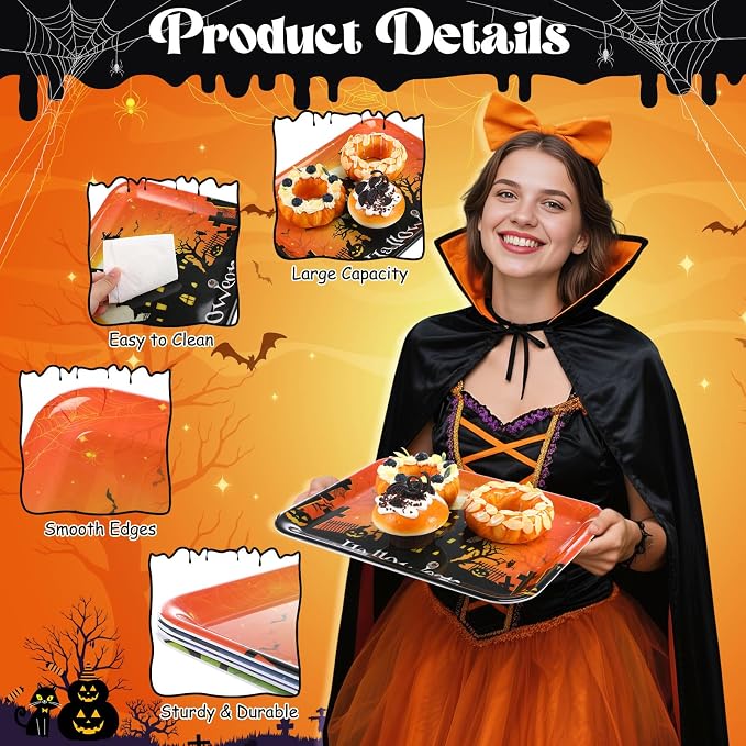 Vesici 4 Pcs 13 x 10 Inch Halloween Serving Trays Set Witch Haunted House Ghost - Image 3