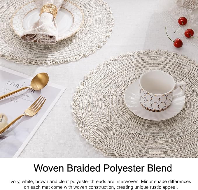 SHACOS Boho Round Placemats Set of 8 Braided Border Round Place Mats 15 inch - Image 3
