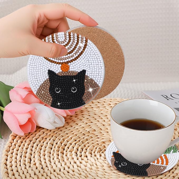 8 Pcs Boho Diamond Art Painting Coasters Holder Black Cat | Abstract Diamond - Image 4