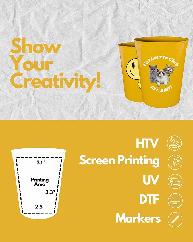 PartyPrints 10 Pack 16 oz Yellow Reusable Blank Plastic Cups, Stadium Cups Bulk - Image 3