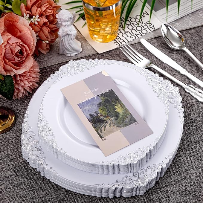 210 Pcs White Silver Plates for Party | White Party Plates Set for 30 Guests - Image 5