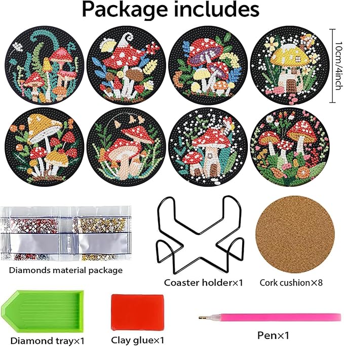 8 PCS Mushrooms Diamond Art Coasters Kits Cute Diamond Painting Coaster | - Image 2