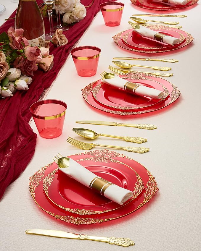 350 Piece Red Dinnerware Set for 50 Guests | Includes: 100 Gold Rim Plastic - Image 7