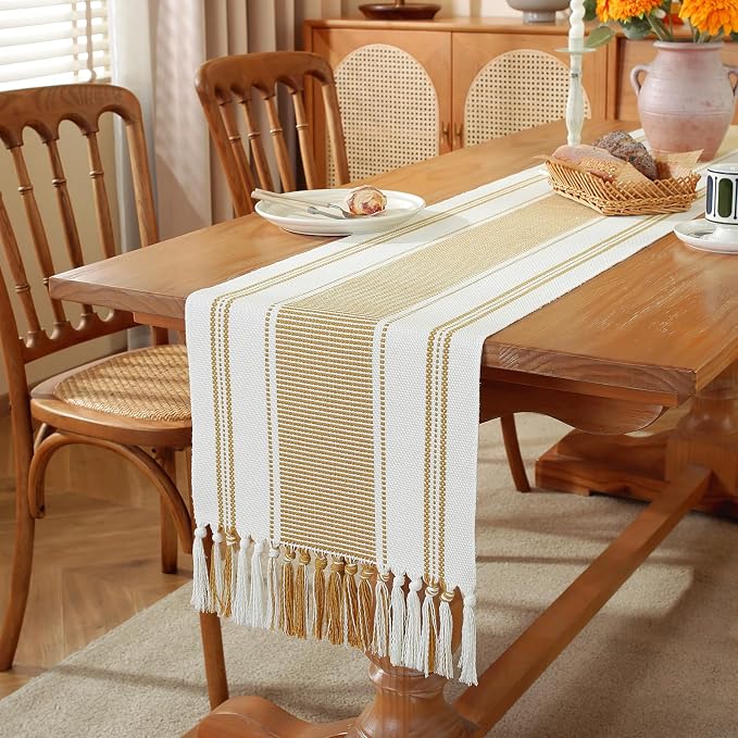 Gold Table Runner with Tassels, 90 Inches Long Farmhouse Macrame Cotton Linen - Image 5