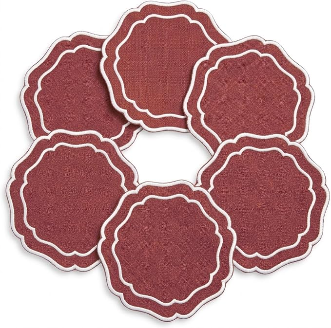 Linen Coasters for Drinks, 4.5 inch, Paprika | Absorbent Linen Drink Mats by EmbroideryLinenVN