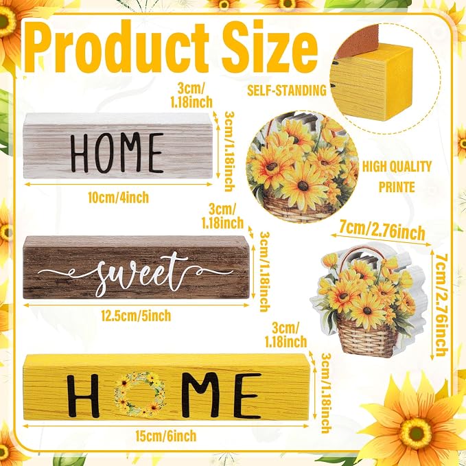 Cinnvoice 4 Pcs Farmhouse Wooden Tabletop Decor Yellow Sunflower Summer Rustic - Image 3