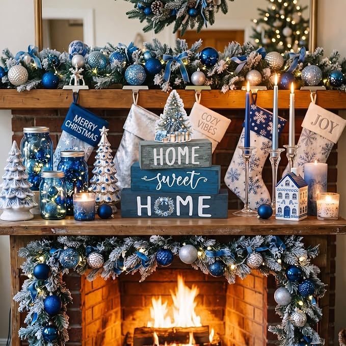 Cinnvoice 4 Pcs Blue Christmas Tree Wooden Block Decor Winter Farmhouse Tiered - Image 4