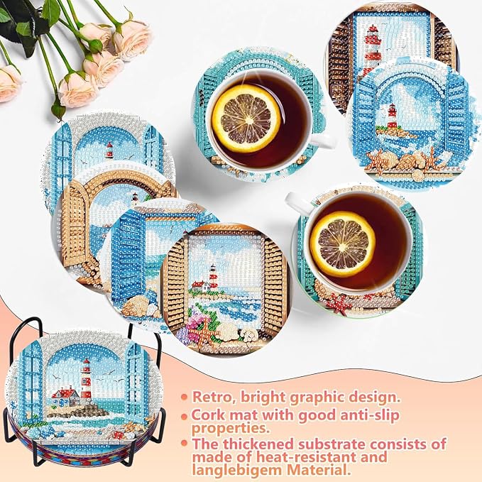 8 PCS Diamond Art Coasters Kits Lighthouse Diamond Painting Coaster | Diamond - Image 3