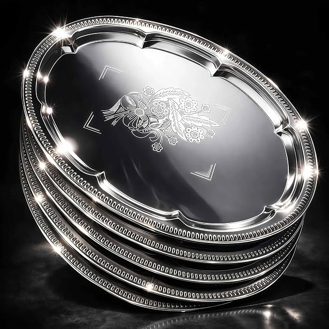 6-Pack Large Silver Serving Trays – Oval Floral Engraved Serving Platters by BSTUR