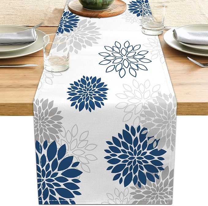 Dahlia Flower Table Runner 13x90 Inch Farmhouse Blue Gray Runners Modern Table by LXXTK
