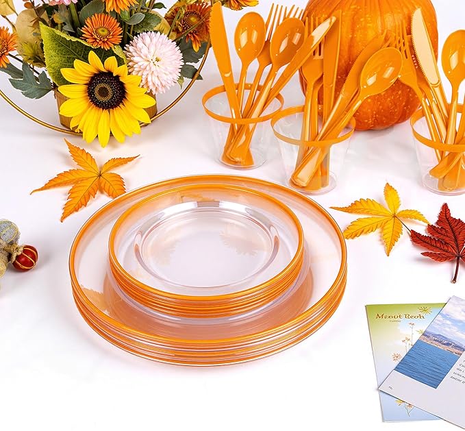 SUT 350Pcs Orange and Clear Plastic Dinnerware Set - Image 2