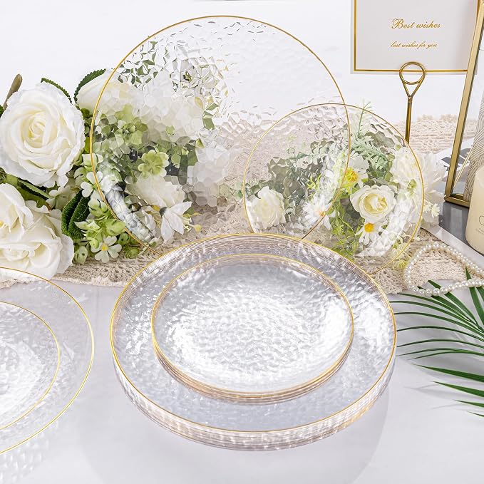 Rubtlamp 175 Pcs Plastic Dinnerware Set, Hammered Party Plates Include Dinner - Image 4