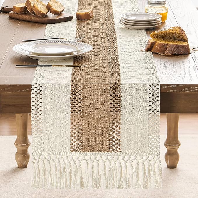 Macrame Style Bicolor Stitching Table Runner 14x48in Brown | Woven Boho Table - Image 2