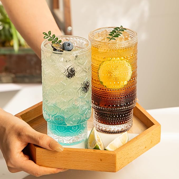Drinking Glasses Set of 4, 16oz Textured Flower Design Cocktail Glasses - Image 7