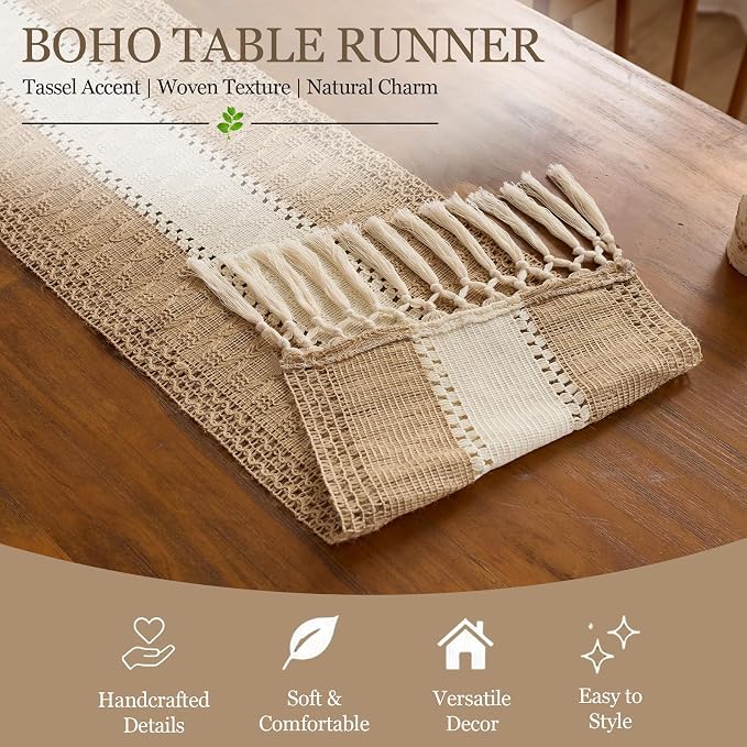 Baccessor Boho Macrame Table Runner, Woven Beige Jute Linen Table Runner - Image 4