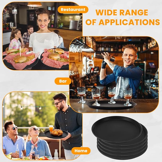 20 Pcs Black Restaurant Serving Trays Bulk Plastic Non Slip Surface Round Drink - Image 7