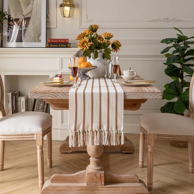 Caflife Boho Table Runner 60 Inchs Long Brown and Beige, Cotton and Linen Woven - Image 7