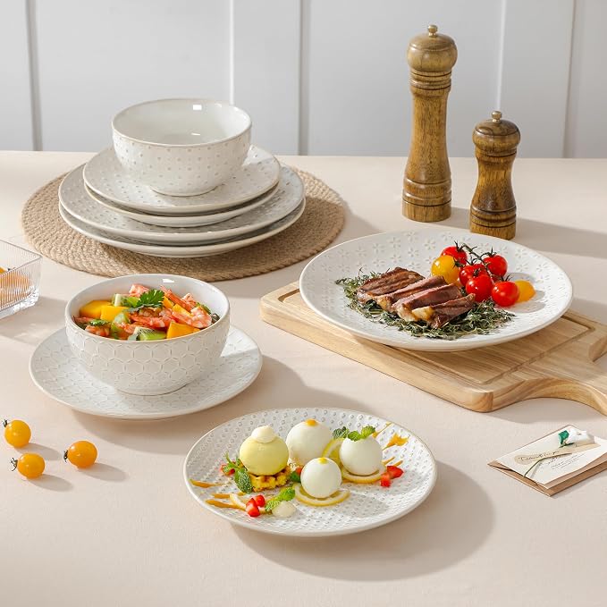 MALACASA 12 Pieces Dinnerware Sets, Farmhouse Plates and Bowls Sets, Embossed - Image 6