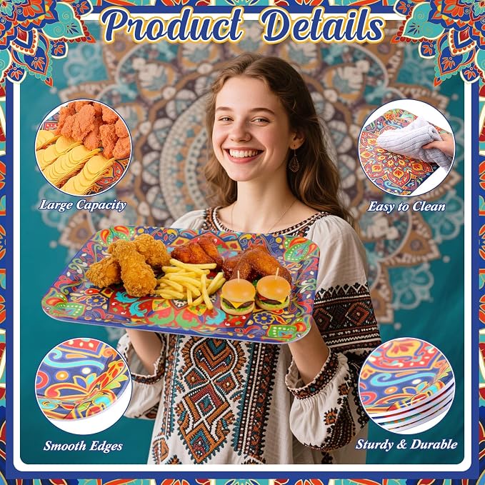 Vesici 4 Pack Mandala Melamine Serving Trays, 13 x 10 Inch Rectangular - Image 3