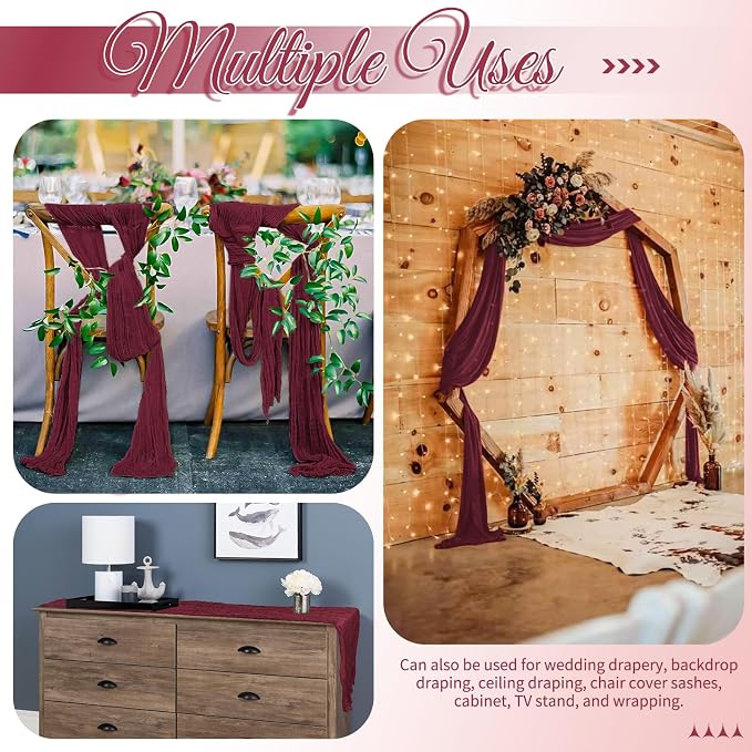 25 Pack Burgundy Table Runners 17 x 108inch Cheesecloth Table Runner Boho Gauze - Image 5