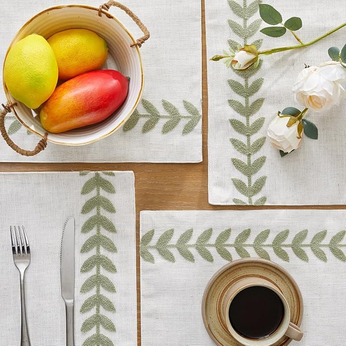 Wracra Embroidered Place Mats, Sage Green Rustic Placemats Set of 4 | Macrame - Image 2