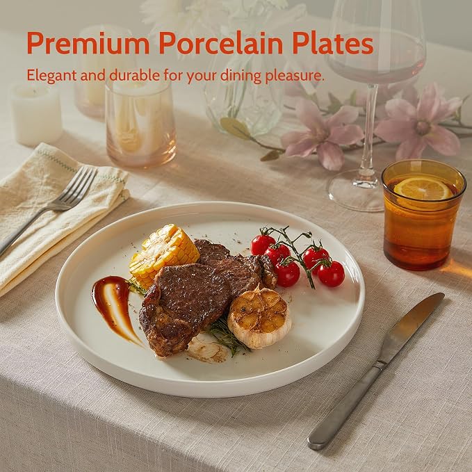 Sweese Porcelain Flat Dinner Plates Set of 6, 10.5 Inch High Edge Dish Set - Image 3
