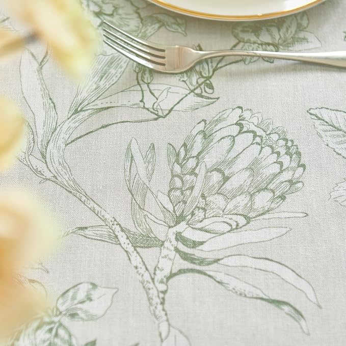 jinchan Green Floral Linen Rectangle Table Cloth 50 x 84 Inch | Natural - Image 9
