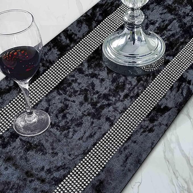 Elegant Sequin Rhinestone Black Table Runner, Ombre Velvet, Double-Layer - Image 2