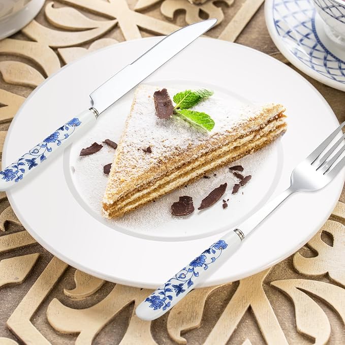 5 Pcs Chinoiserie Silverware Set Blue White Porcelain Ceramic | Stainless Steel - Image 6