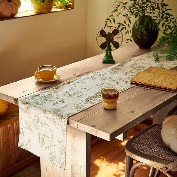 jinchan Green Floral Linen Table Runner 13 x 90 Inch Farmhouse | Rustic by JINCHAN