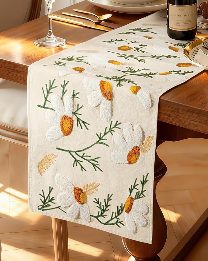 Canvas Embroidered Narrow 13"x 108" Table Runner, Rustic texture, Machine by Kokaaee
