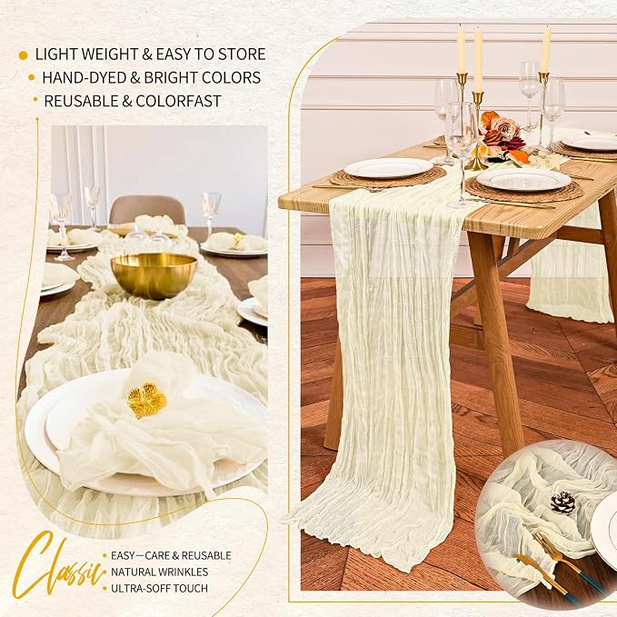 Showgeous 2 Pack Beige Cheesecloth Table Runners Boho Wedding Decor | Rustic - Image 5
