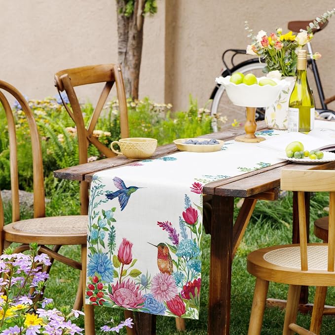 Summer Hummingbirds Floral Table Runner Green Leaves Burlap Table Runners - Image 8