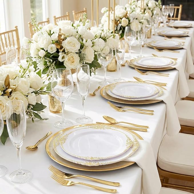 25 Pack 7.5 Inch golden Rim Plastic Plates, Heavy Duty Disposable White Dessert - Image 7