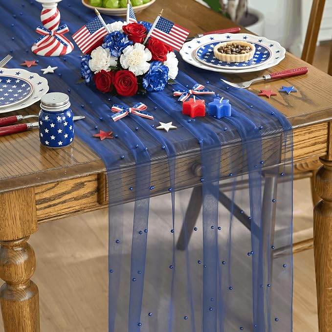 Artoid Mode Pearl Light Bule Gauze Table Runner 120 Inch, Seasonal Sheer Dining by ArtoidMode