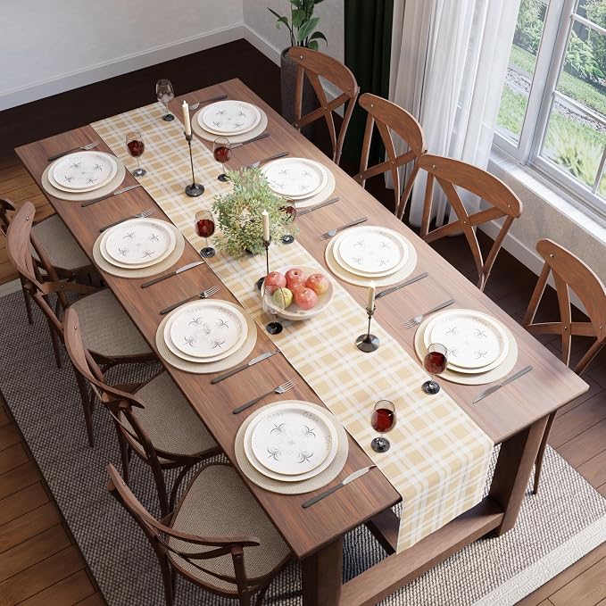 Encasa XO Table Runner, Woven Cotton Dining Runner 13"x72" Franca Beige Checks - Image 5