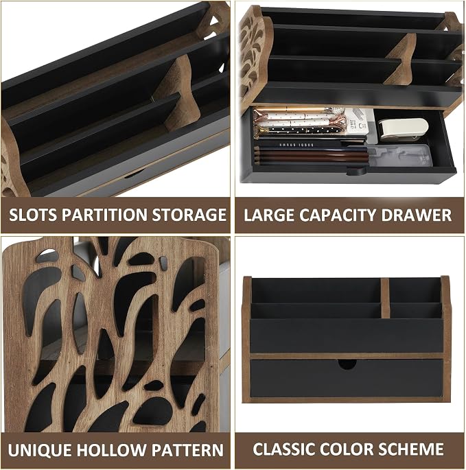 Desk Organizer with Drawer Wood File Office Mail Organizer Countertop | 5 Slot - Image 3
