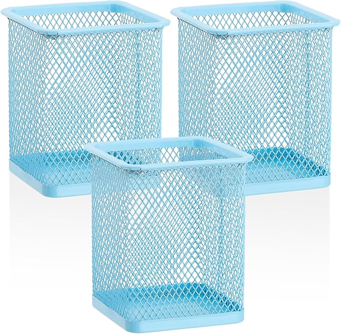Segarty Pen Holder for Desk, 3 Pack Square Light Blue Pencil Holder, Wire Mesh by Segarty