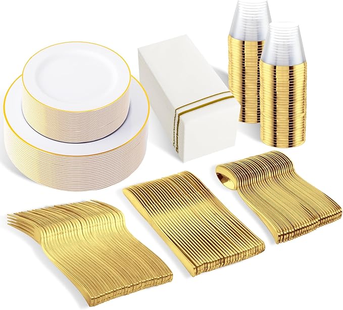 SUT 350 PCS Elegant White and Gold Disposable Dinnerware Set by SeeYouTomorrow