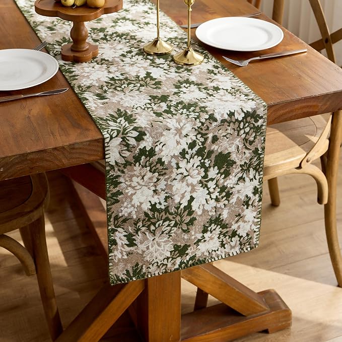 ORTIGIA Vintage Floral Table Runner, Boho Chenille Green and Taupe Farmhouse - Image 6