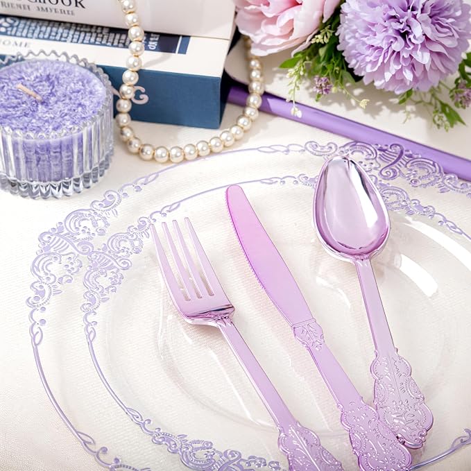 175 Pcs Clear Purple Plates for Party | Party Plates Set for 25 Guests - Image 2