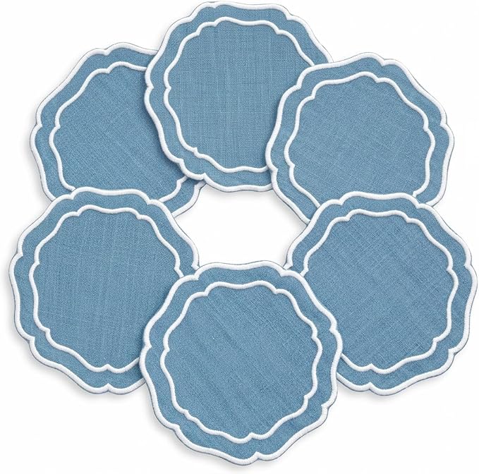 Linen Coasters for Drinks, 4.5 inch, Marine | Absorbent Linen Drink Mats by EmbroideryLinenVN
