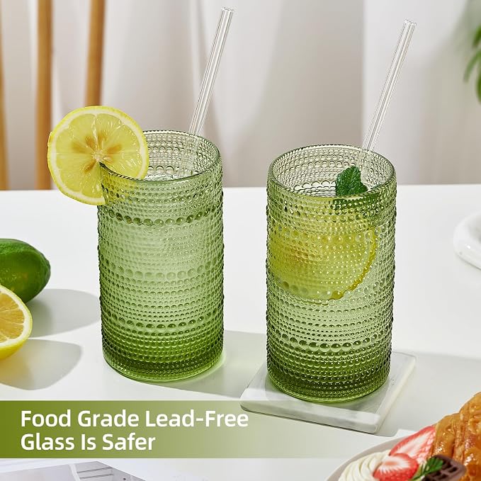16oz Hobnail Drinking Glasses Set of 12, Vintage Large Capacity Embossed Green - Image 5