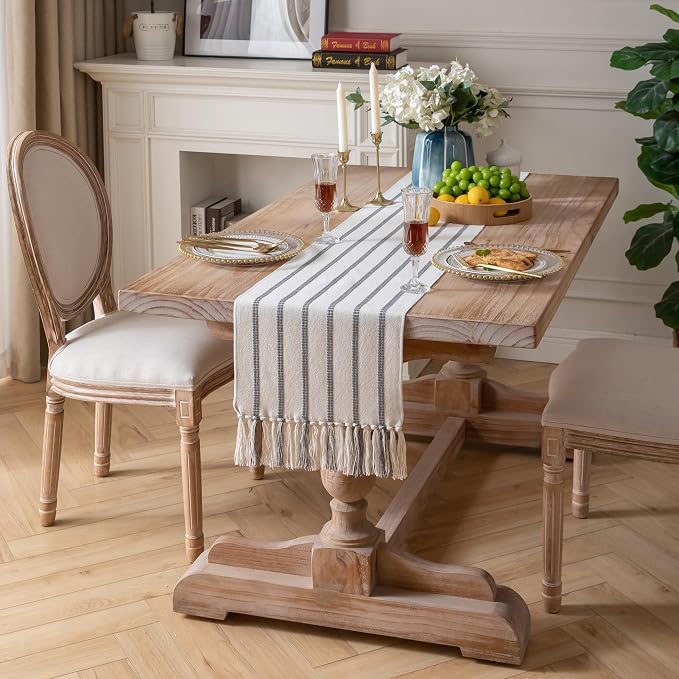 Caflife Boho Table Runner 90 Inchs Long Grey and Beige, Cotton and Linen Woven - Image 7