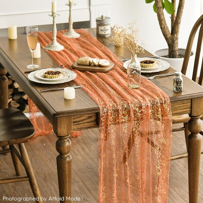 Artoid Mode 3PCS Orange Gold Gauze Table Runner 120 Inch 10FT, Glitter Metallic - Image 2